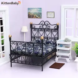 1:12 Dollhouse Mini Single/Double Bed Home Bedroom Furniture Toy Gift Living Room Furniture Model Beautiful Handmade Iron Toy