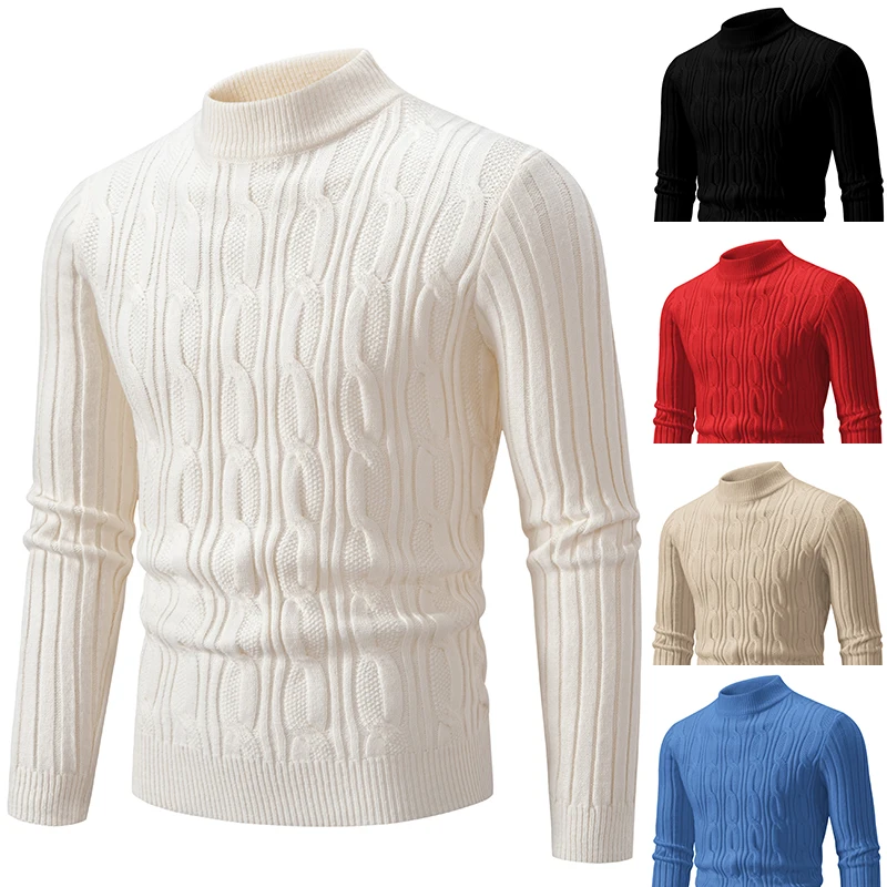 

Autumn and Winter Fashion Half High Collar Solid Color Jacquard Weave Pullover Men's Casual Long Sleeve Sweater Warm Knitwear