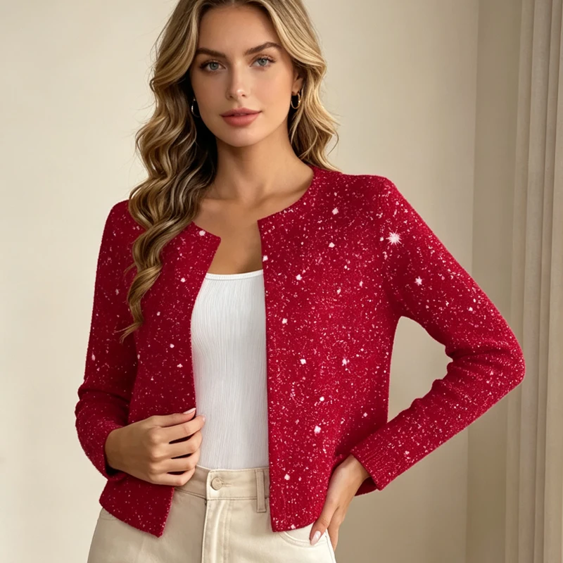Women's Jacket Autumn Glitter Open Front Round Neck Long Sleeve Women's Crop Coat Fashion Print Casual Lady Outerwear Tops News