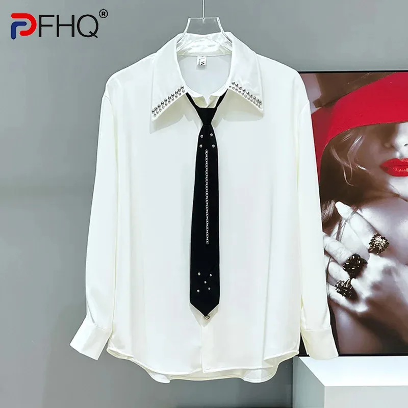 PFHQ المتخصصة مسمار حبة التعادل تصميم الكتف وسادة قميص رجالي صورة ظلية فضفاضة بسيطة رداء علوي غير رسمي بدوره إلى أسفل طوق موضة 21E3683