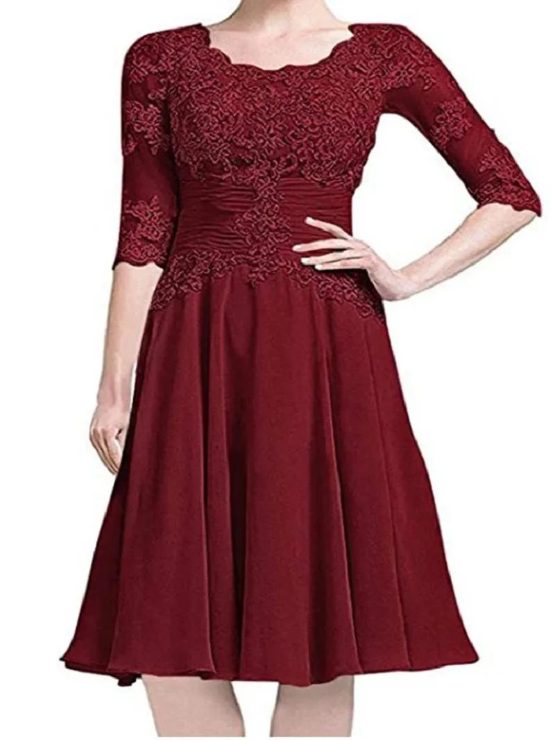 YNQNFS WLD01 The bride's mother's silver round-neck short chiffon wedding banquet dress has a long middle sleeve