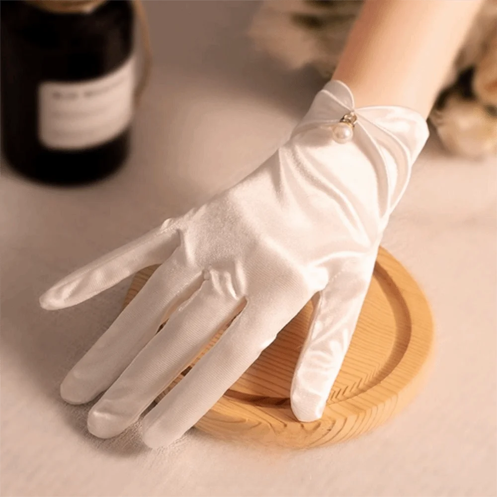 قفازات الزفاف الأنيقة بخمسة أصابع لوليتا JK قفازات الزفاف اللؤلؤية أبيض وأسود قفازات القيادة للنساء والفتيات #3