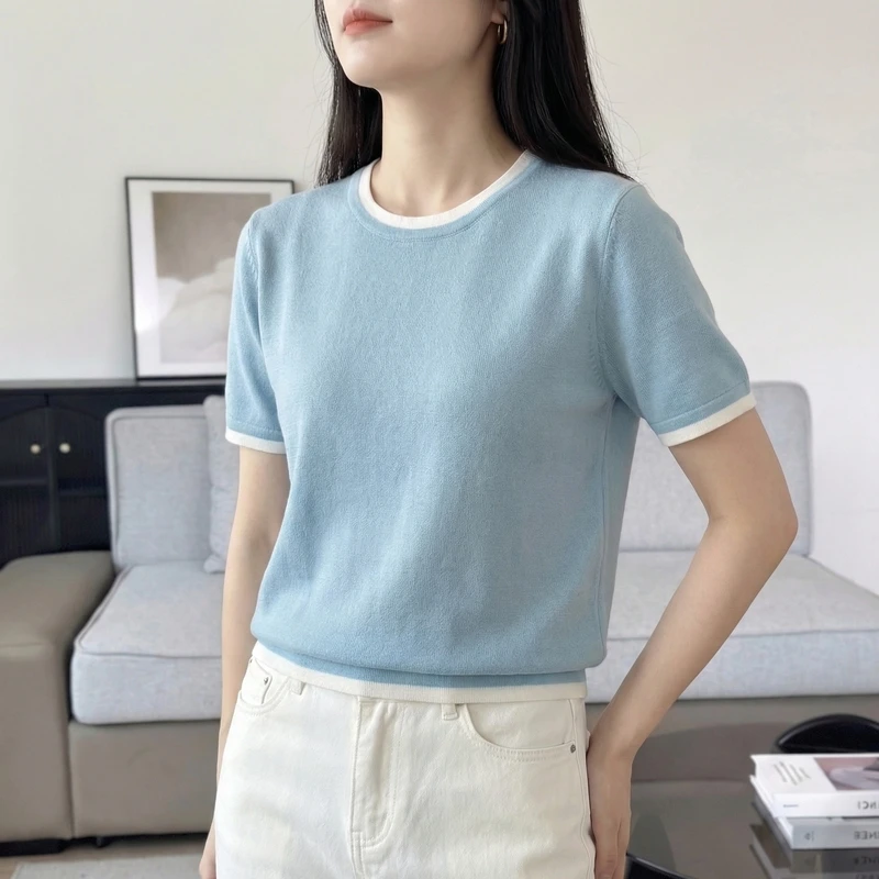 Women's Lightweight Knit Sweater Top - Short Sleeve Crew Neck