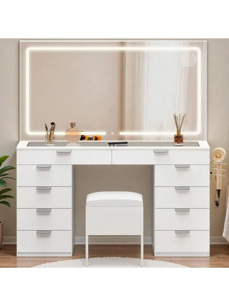 Led-illuminated Makeup Vanity Set with 10 Drawers, Glass Top, Charging Ports,