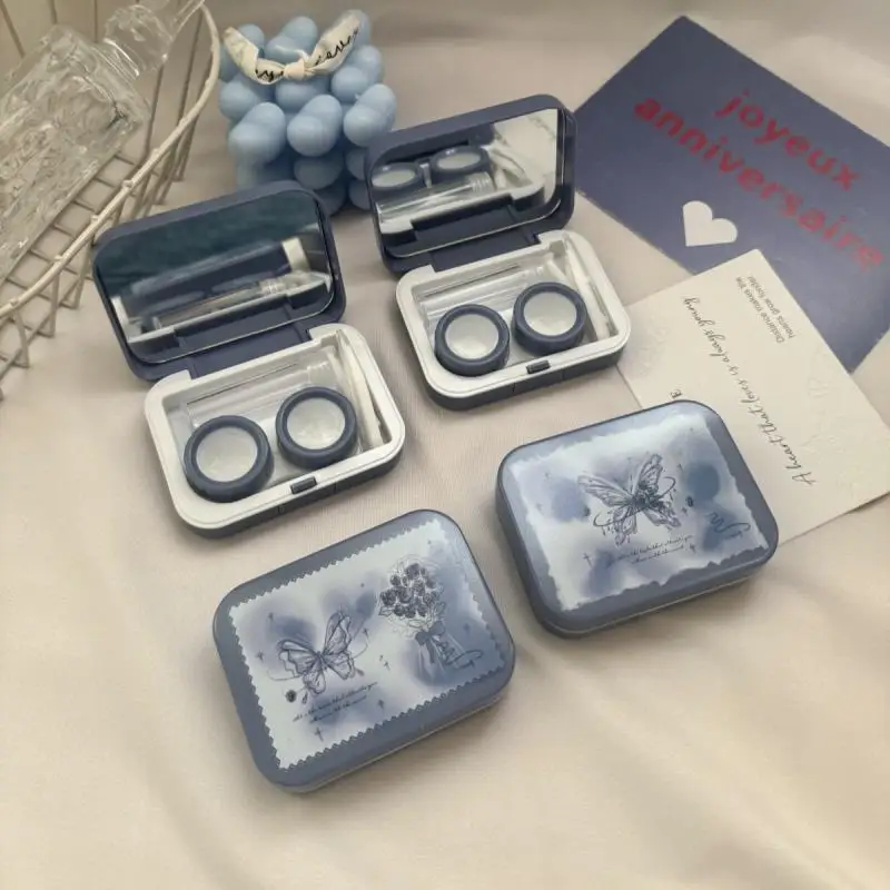 

Cute Portable Vintage Blue Butterfly Contact Lens Storage Case With Mirror Contact Lens Container Box For Travel Outdoor Gift