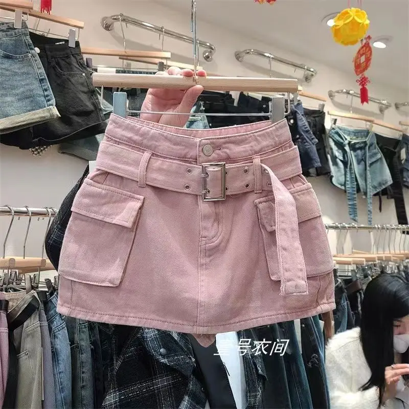 

High Stretchy Cargo Skirt for Women Pink Low Waist Y2k Mini Skirt Cute Denim Skirt with Pockets