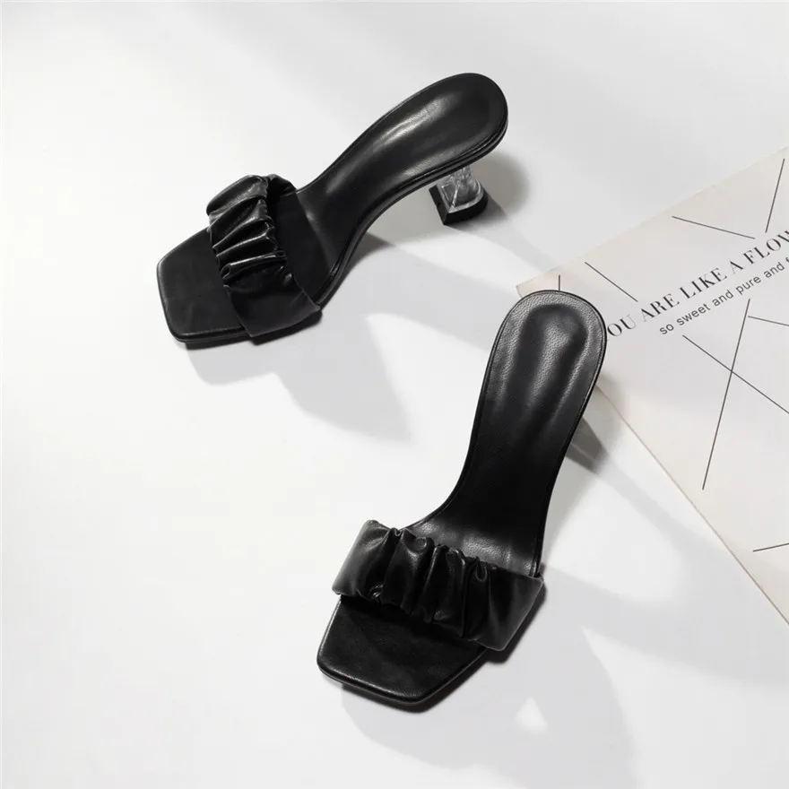 New Women Sexy Wrinkle Leather Slippers Square Toe Clear Crystal Cup High Heels Shoes Slides Ladies Party Summer Slip-On Sandals