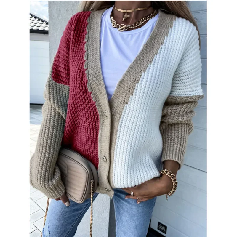 Women's Color Block Long Sleeve Knit Cardigan for Autumn and Winter Season V-neck Sweater