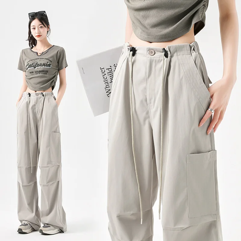 Fashion Big Pockets Women Cargo Pants Lightweight Thin High Waist Wide Leg Pants Woman Spring Summer Casual American Sweatpants