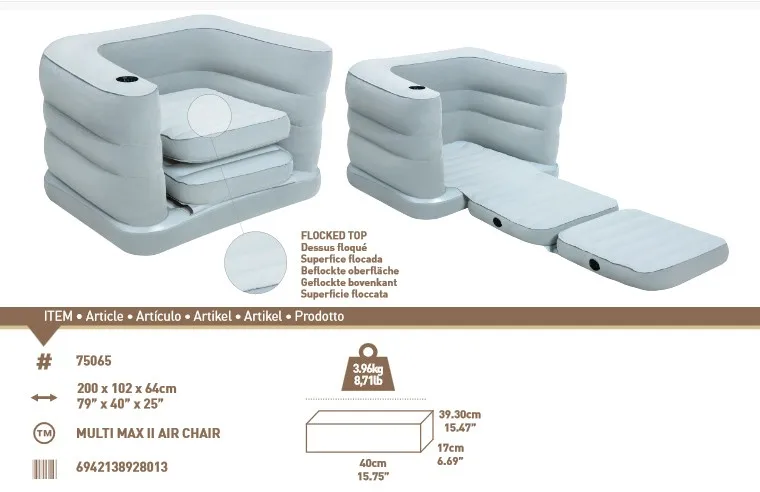 Silla de aire plegable inflable Multimax II, Combo de cama, color gris, 79x40x25 pulgadas, 75065