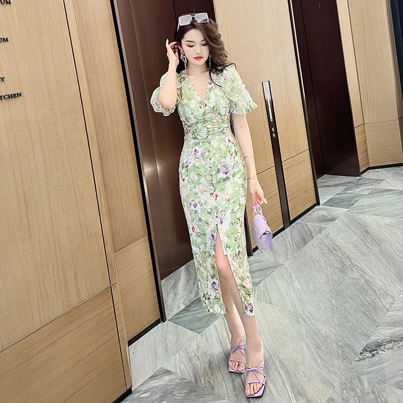 夏の新作レディース優しい風バブルスリーブグリーン花柄ワンピース初恋甘いロングスカート