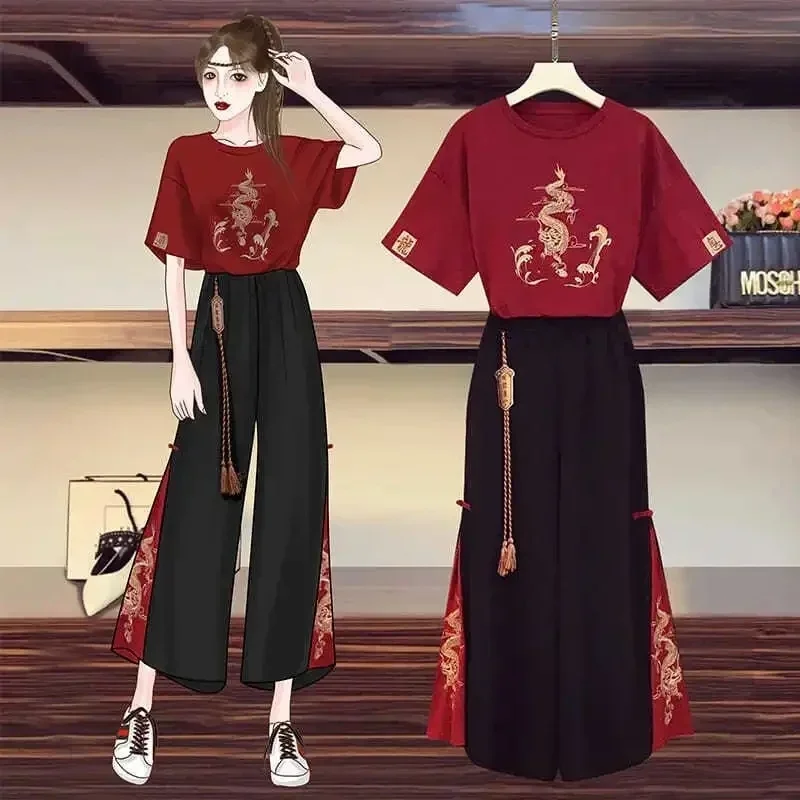 Chinese Style Embroidery Tang Suit Women Casual T-Shirt Wide Leg Kung Fu Pants Set Oriental Clothing 2024 Japanese Harajuku