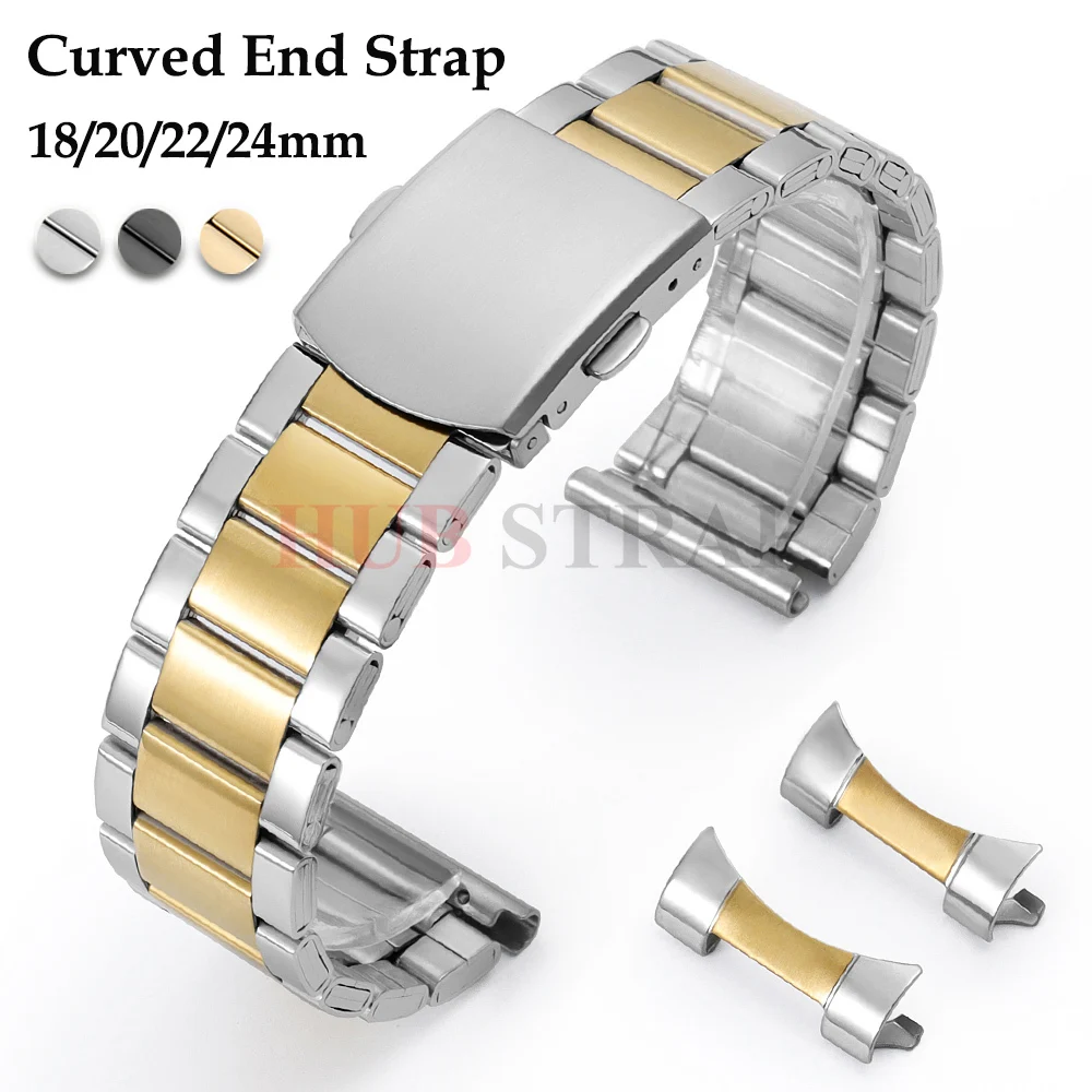 Pulseira de Relógio de Aço Inoxidável Sólido com Extremidade Curvada para Seiko, Citizen, Casio 18mm 20mm 22mm 24mm, Acessórios de Relógio com Pulseira de Metal Preta