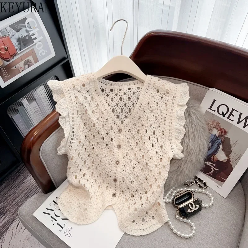 2024 Summer New French Crochet Hollow Out Sweater Vest Women Vintage Elegant Fashion Ruffles V-neck Knit Cardigan Vests Tops