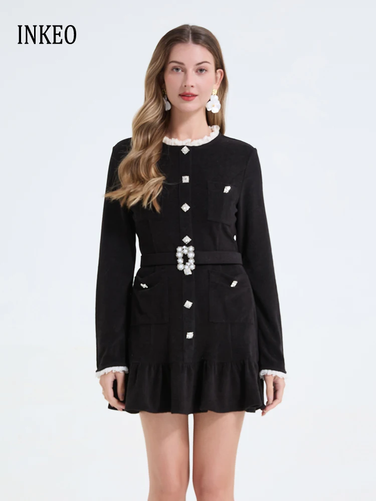 

Элегантное кружевное платье с рюшами на воротнике и поясом, женское, весна-осень 2026, мини-платье с длинным рукавом, черное, люкс, INKEO 6D019