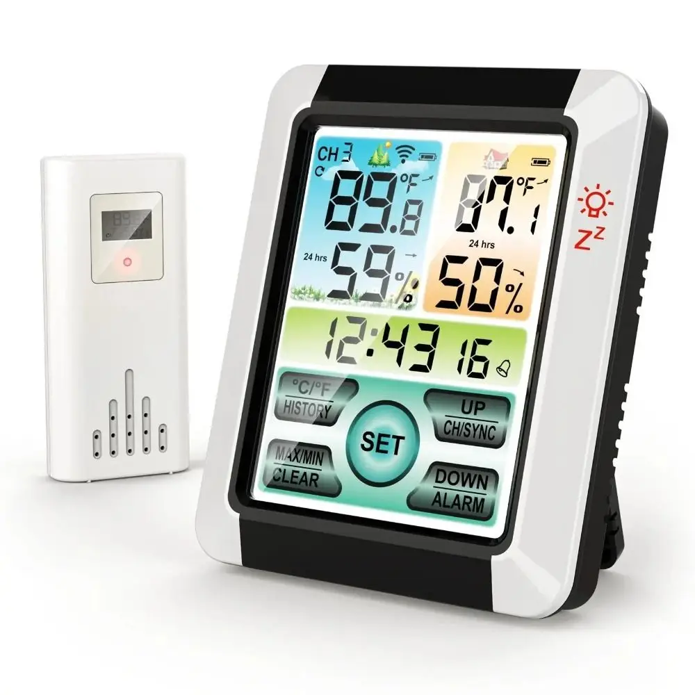 

Wireless Temperature and Humidity Meter Hygrometer Barometer Digital Weather Station Alarm Clock Touch Screen Display