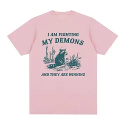 2006Fighting My Demons Raccoon Meme T Shirts Funny Men Women Fashion Harajuku Retro T-shirt Tops Casual Cotton Oversized Tshirt