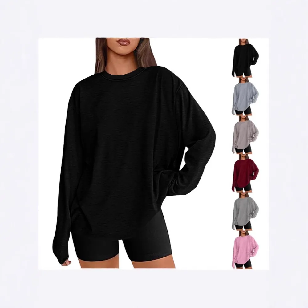 

European and American New Spring and Summer Solid Color Long-sleeved Round Neck T-shirt Loose Casual Style Women's Top