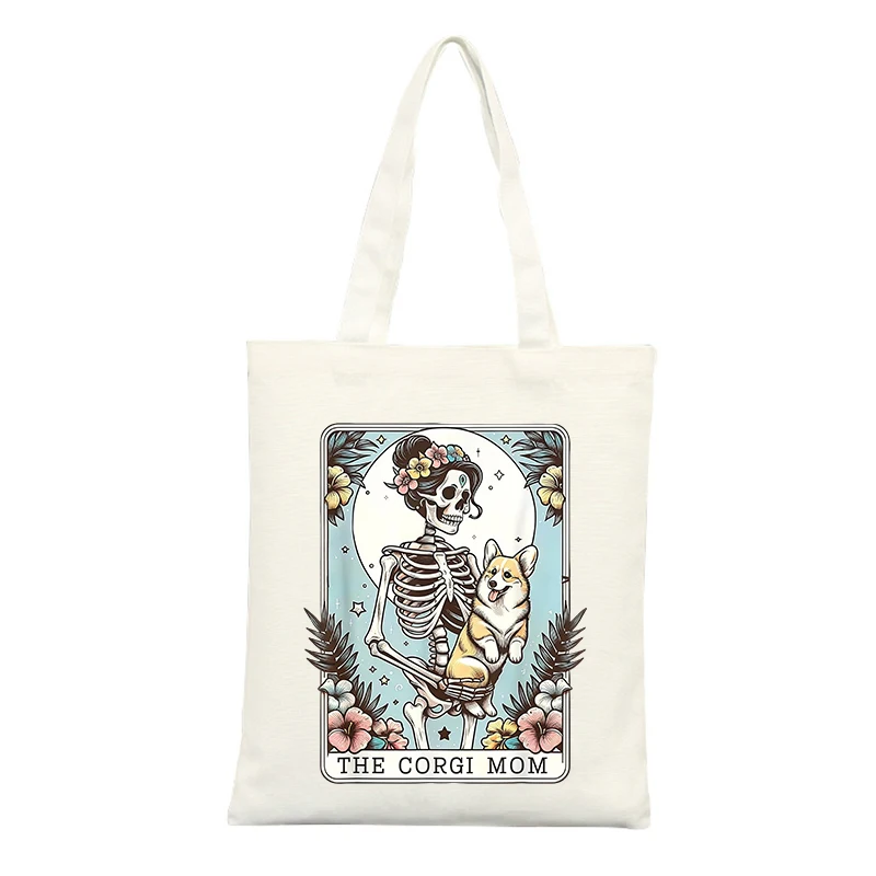 Canvas Tote Bag with Skeleton and Corgi Graphic, Artistic Print for Casual Shopping and Daily Use