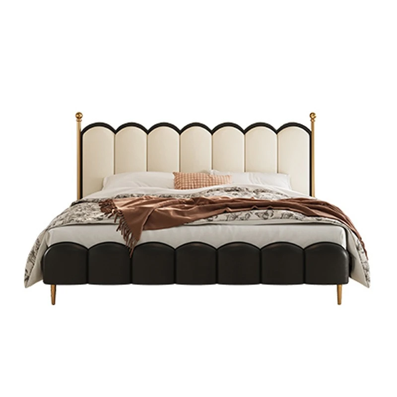 Light luxury first-layer cowhide wavy bed French master bedroom gold high-end atmospheric double bed 1.8 meters retro leather