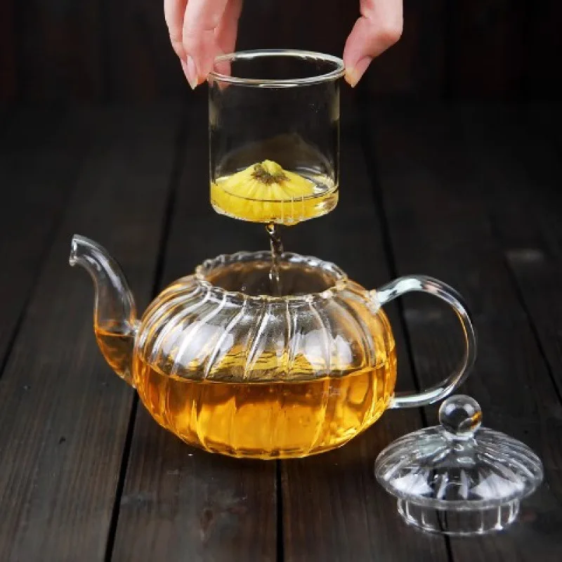 HMLOVE Heat Resistant Glass Teapot Pumpkin Kettle Tea Infuser Filter High Borosilicate Chinese Teawear Flower Pot 600ml