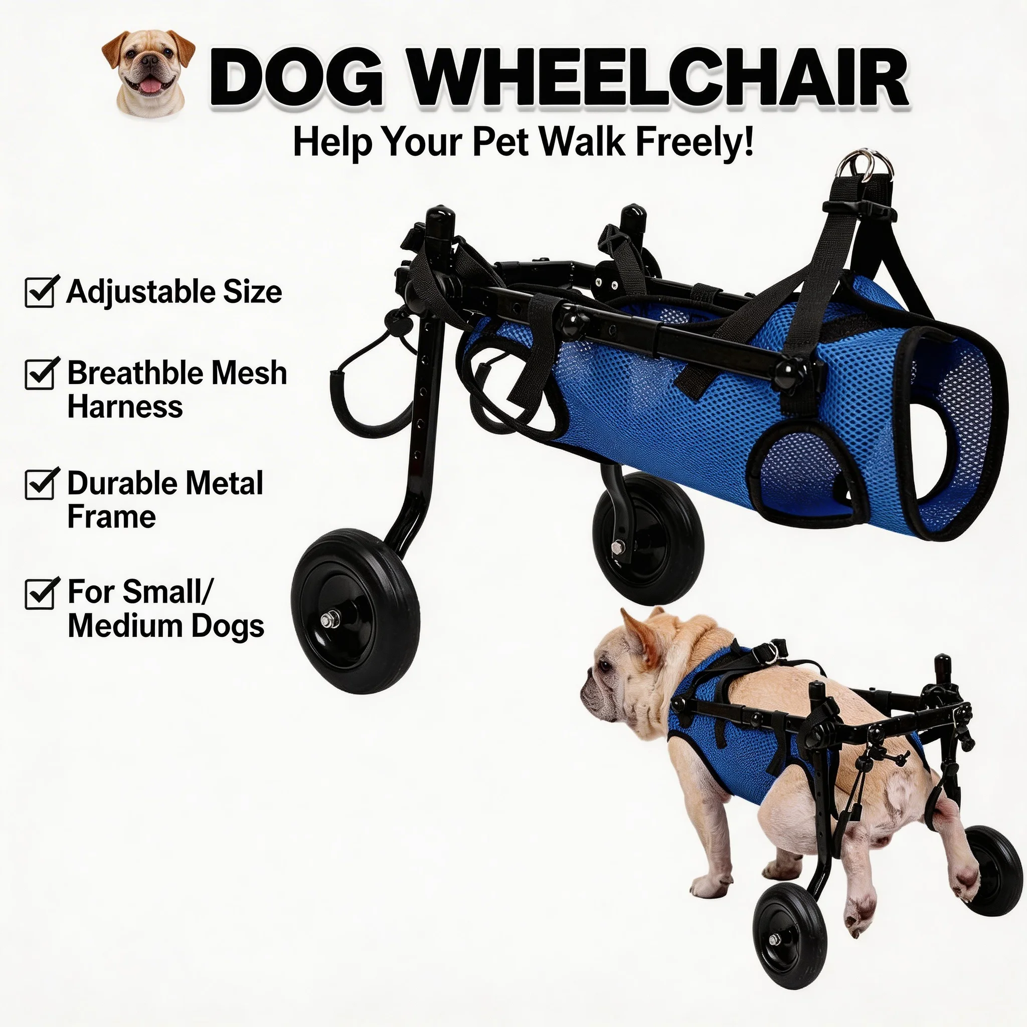 

Adjustable Small Dog Wheelchair - Mobility Aid for Disabled Pets,Small Dog Wheelchair for Back Legs， Leg Brace & Hip Support