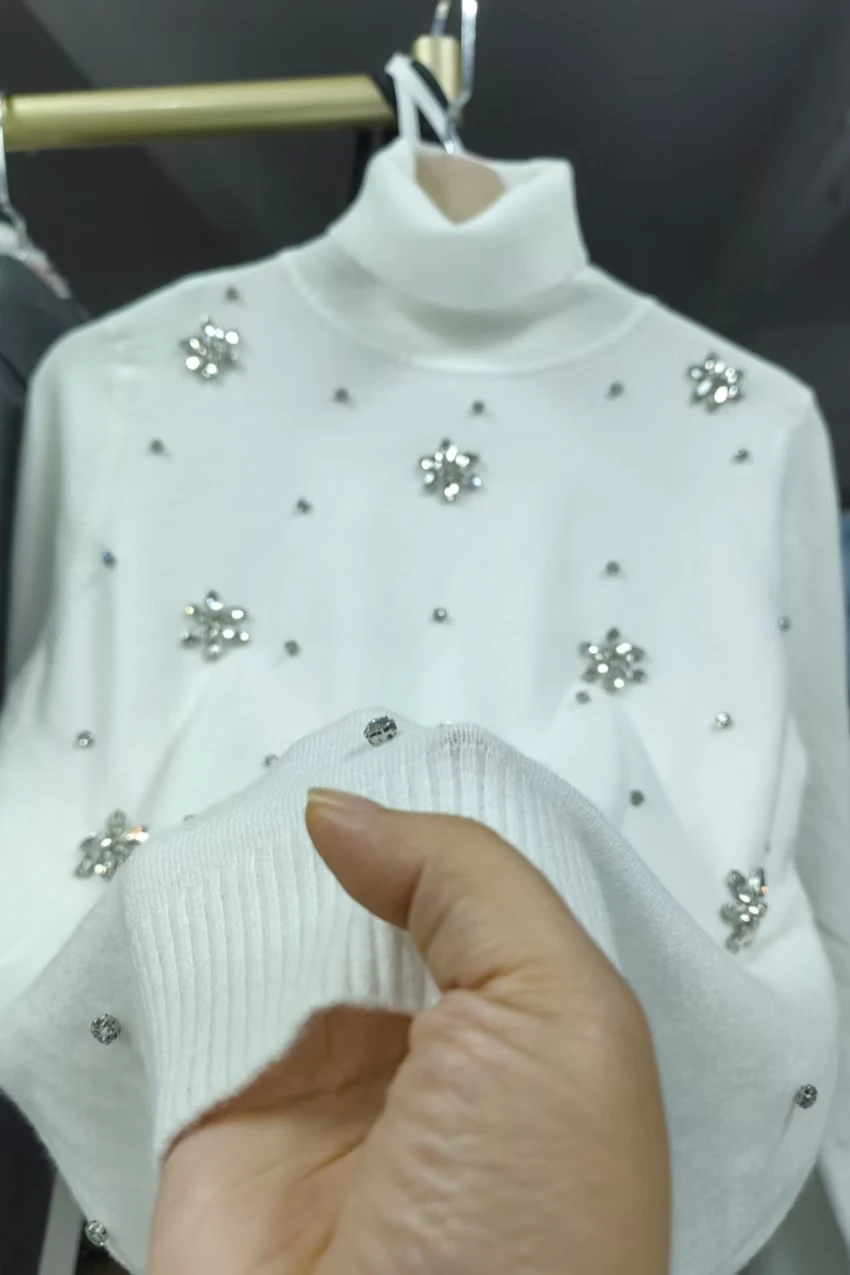 Real Photos Sparkle Diamonds Embroidery 25% Cashmere Turtleneck Sweater Autumn Winter Warm Knitwear Pullover Knitted Jumpers