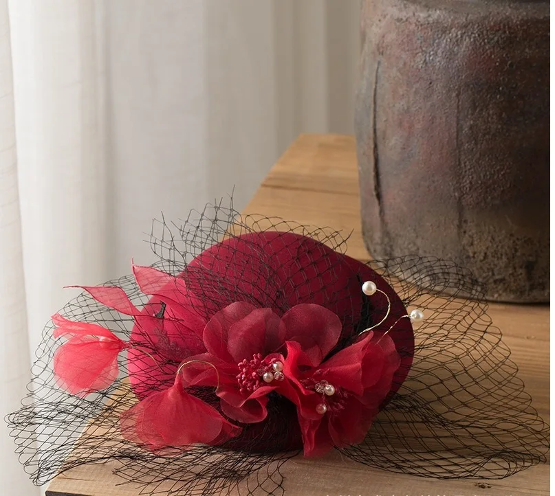 Chapéu balde feminino inglaterra com flor grande, chapéu de casamento para festa de banquete chapéu de aba larga com clipes para mulheres e meninas