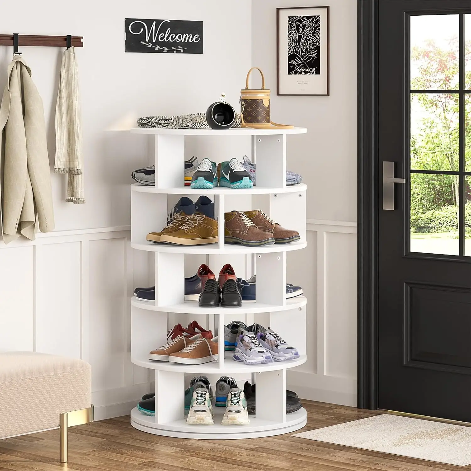 Rotating shoe rack, wardrobe of 5-layer wooden shoe organizer, 360° rotating shoe rack tower saves space shoe storage rack