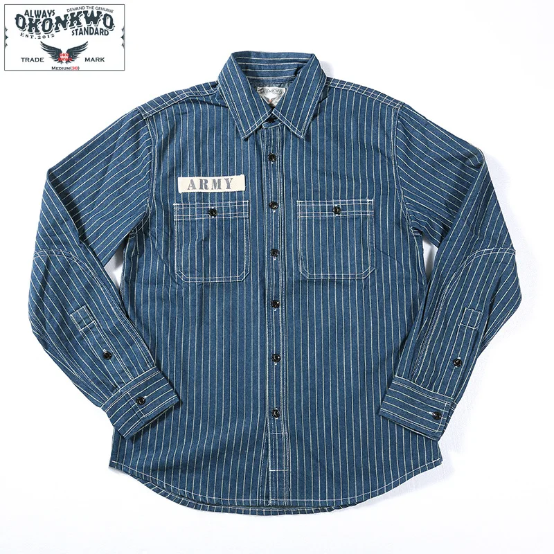 Vertical Stripe Denim Work Shirt for Men Long Sleeve Heavy Weight Vintage American Casual ARMY Military Male Workwear Tops