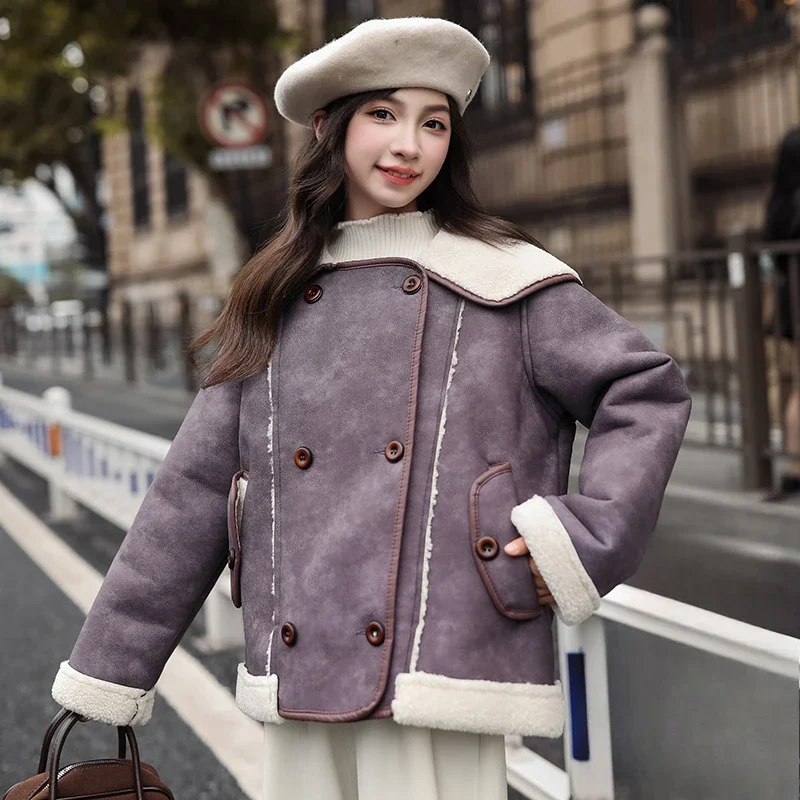 Girls Suede Leather Jacket Winter Clothing Children's Fur Integrated Thickened Top Girls Foreign Style Winter Velvet Jacket