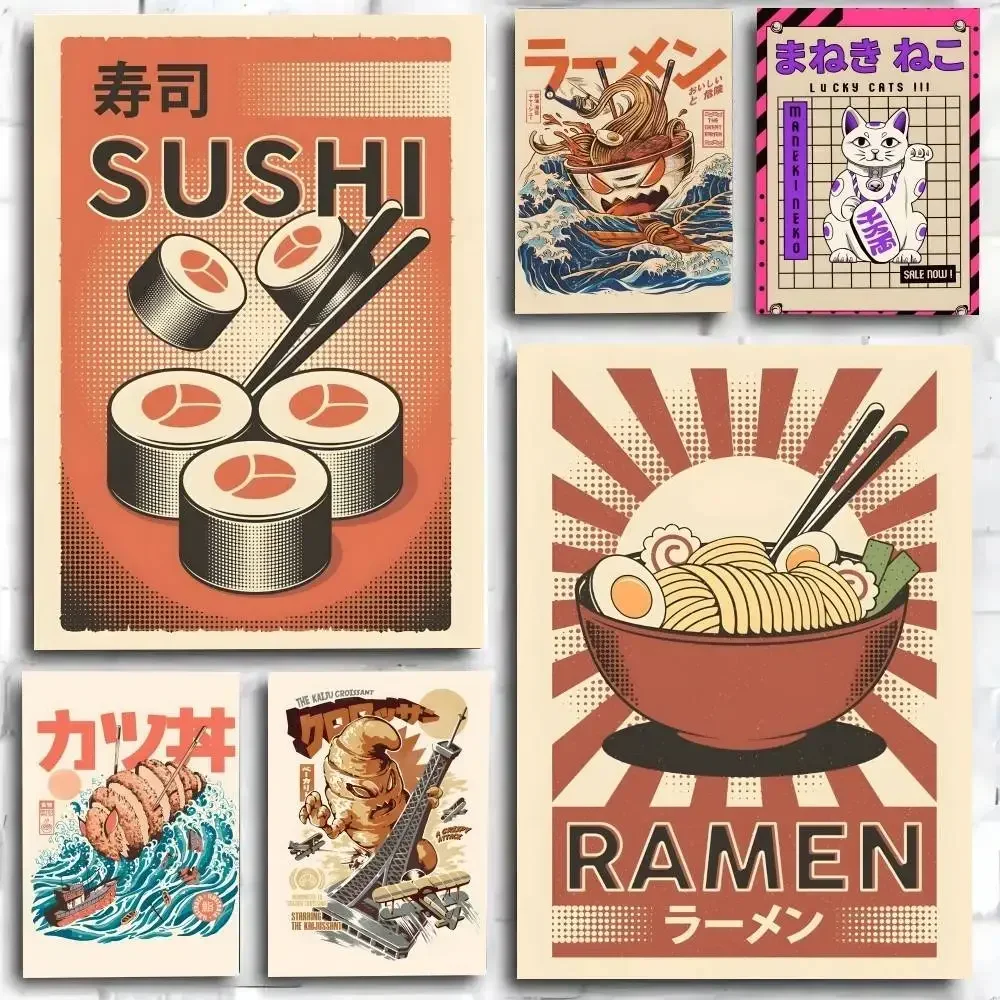 Póster de Comida Deliciosa con Gato Adorable: Sushi, Ramen, Sashimi, Teriyaki Japonés, Cuadros Decorativos de Lienzo para Cocina