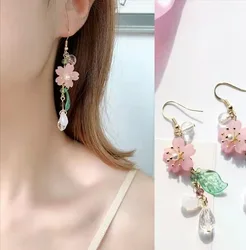 Temperament Long Flower Dangle Earrings for Woman Fairy Cute Resin Pink Petals Sakura Flower Long Tassels Eardrop Earrings