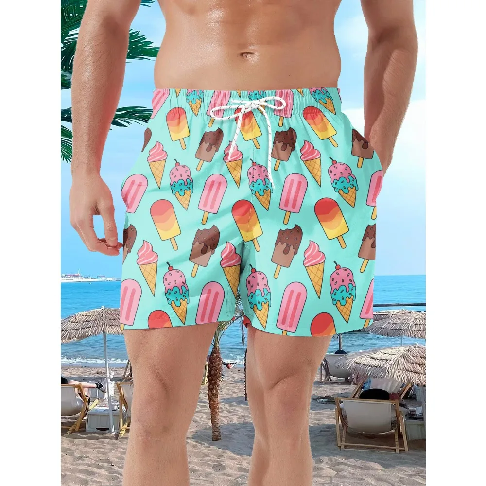 Hawaiian Cartoon Ice Cream Popsicle Beach Shorts Water Repellent Polyester Elastic Waist Breathable Swim Trunks