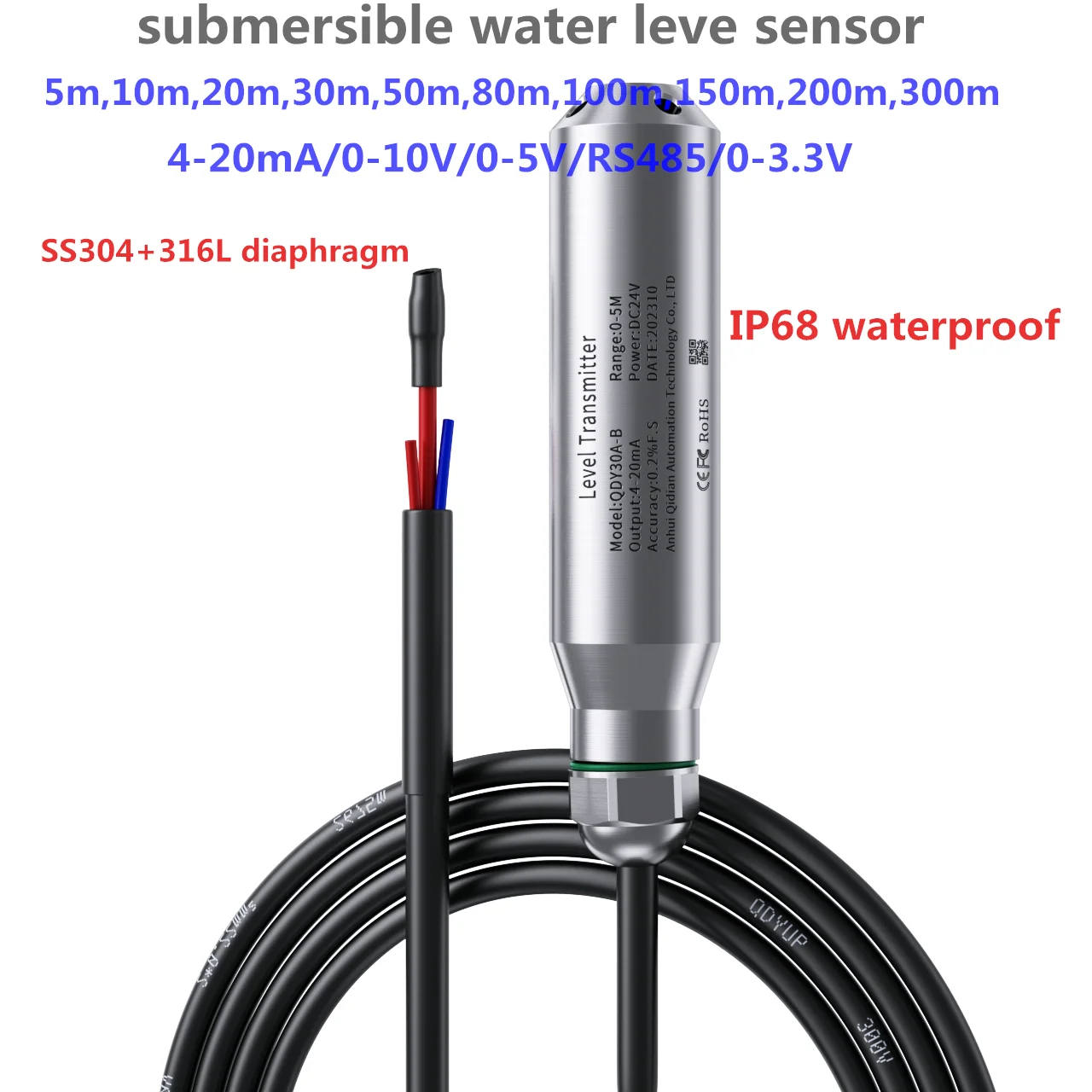 

water level sensor 316l diaphragm 4-20mA 0-3.3v Output Submersible level sensor 5m 10m 20m 50m Water Tank Liquids Transducer