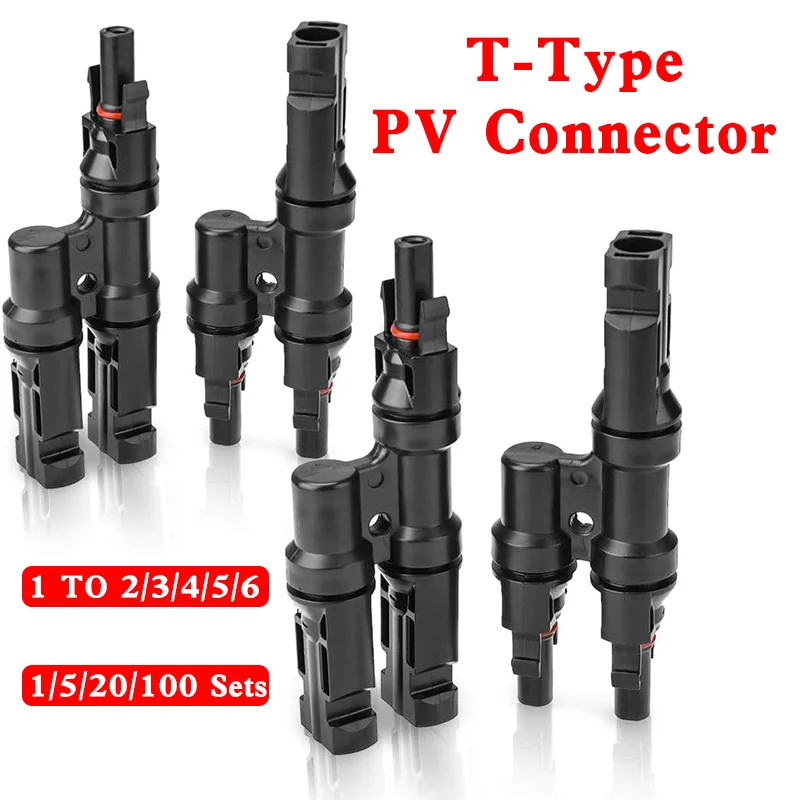 1/5/20/100Pair 2/3/4/5/6 Branch to 1 Solar PV Panel Connector T Type Parallel Connection Plug Waterprrof Connector