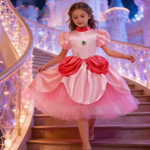 Princess Peach Cosplay Costume Kids Girls Puff Sleeve Dress Birthday Party Dresses Gown Children's Elegant Pink Evening Dress