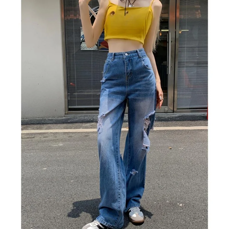 

Blue High Waist Women's Jeans Flare Pants Vintage American Fashion Street Wide Leg Jean Female Denim Trouser Baggy Denim Pants