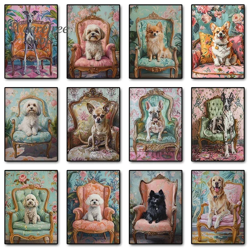 Retro Pet Dog Canvas Wall Art Poster Vintage Dog on Luxury Chair Print Bichon Frise Greyhound Pomeranian Picture for Room Hom