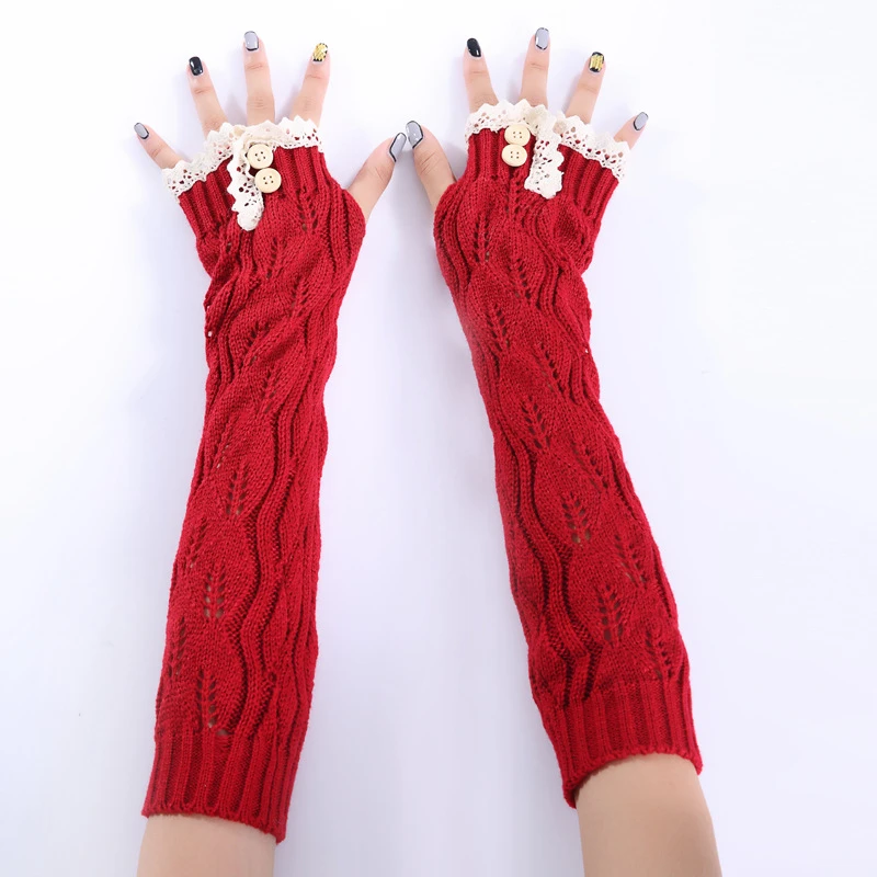 

Autumn and Winter New Lace Button Knitted Yarn Warm Half Fingered Women's Long Gloves