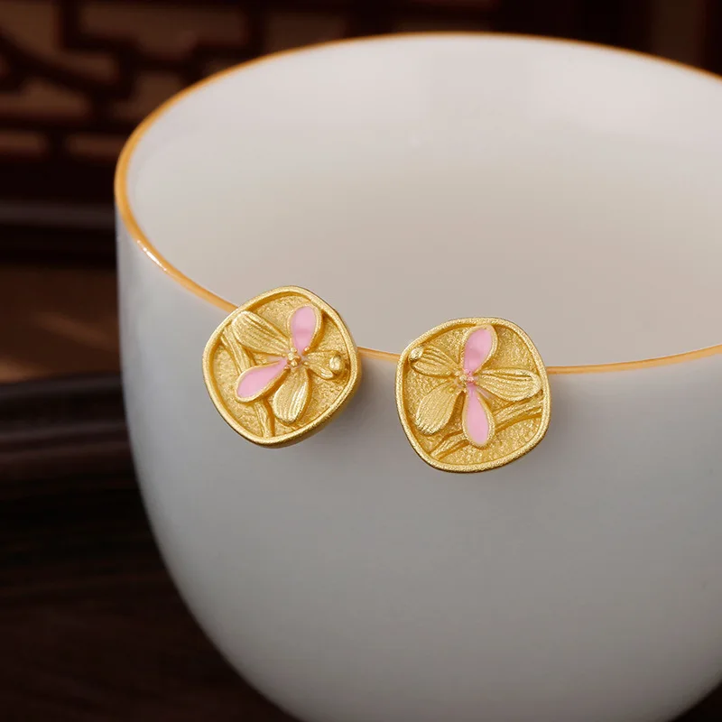 Antique gold craftsm square pink flower earings stud classic simplicity charm flower earrings for women banquet jewelry gifts