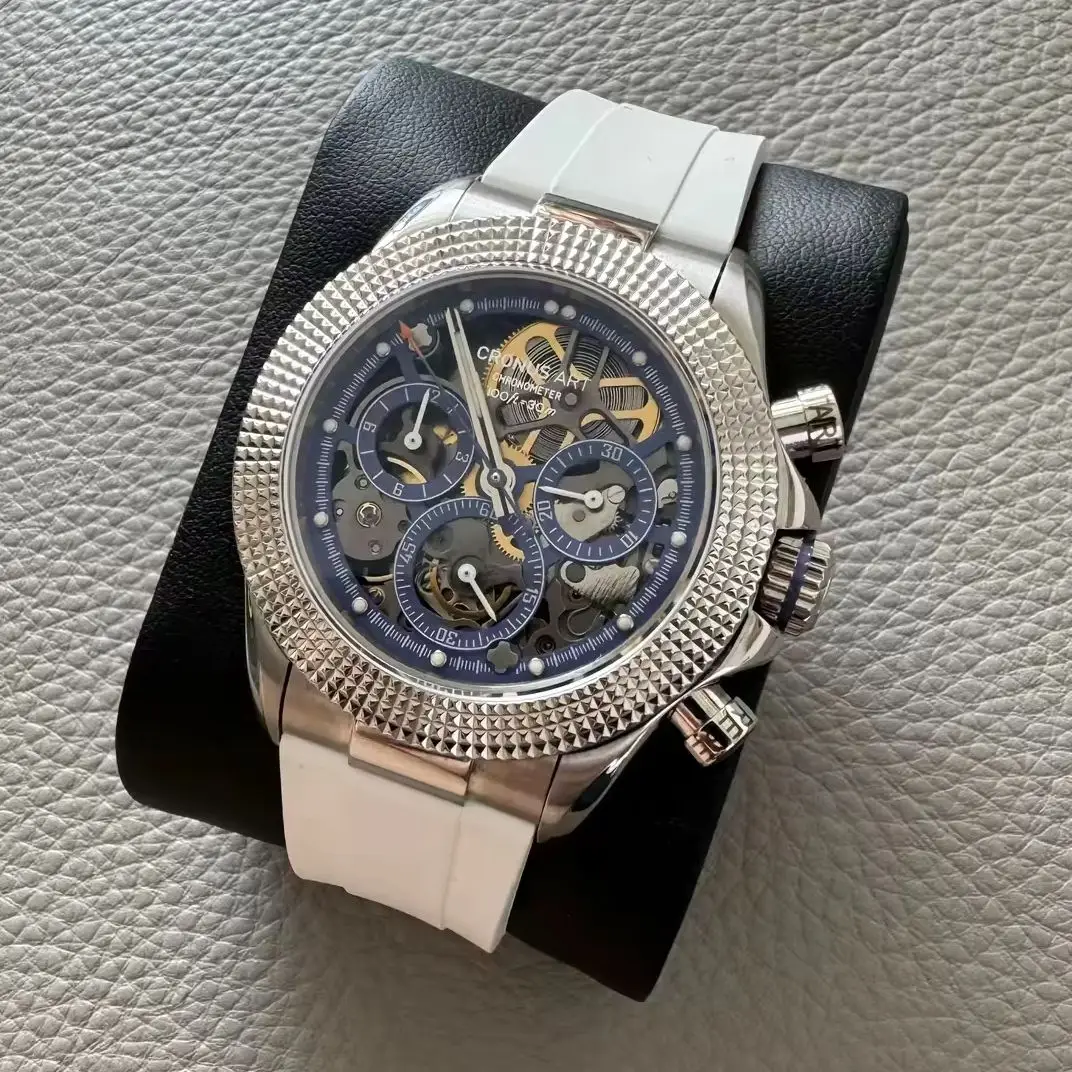 CRONUSART Men Chronograph Watch Pilot 42mm Automatic Mechanical Wristwatch Sapphire Mirror Luminous Skeleton Dial FKM Strap