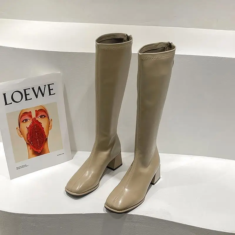 Women Warm Long Boots Woman Knee High Booties Ladies Shoes Platform Thick Heel PU Leather Soft Zipper Woman Fashion Winter 2023
