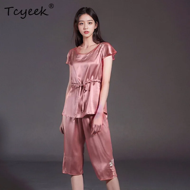 

Tcyeek, 19MM 100%Real Silk Pajama Set, Women Short Sleeve Pants, Embroidery Diamond Elegant Homewear, 2024 Summer S550150QM