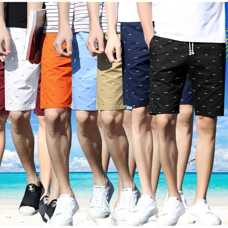 Fish Bone Print Shorts Men Fitness White Cotton Brand Elastic Waist Drawstring Work Shorts Summer Calf-length Beach Shorts Male