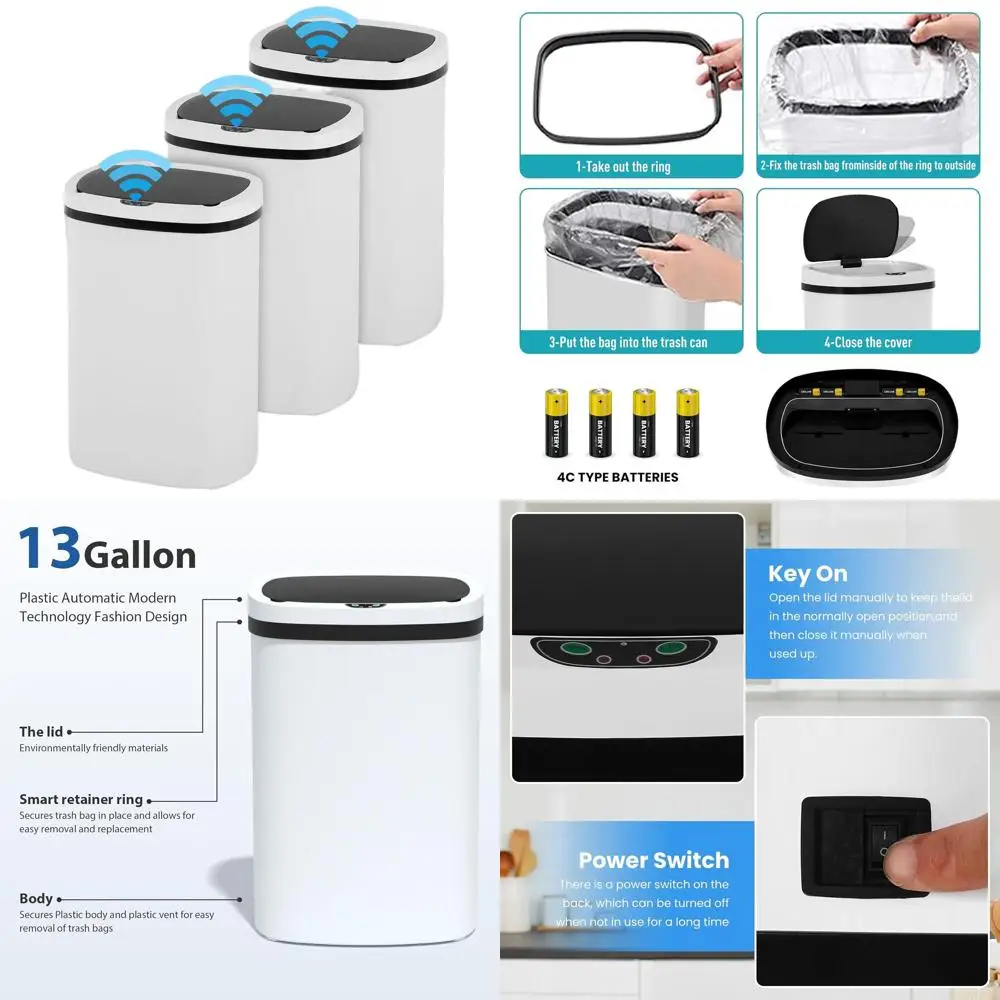 

Пластиковый мусорный бак без касания, 13 галлонов, контролируемый запахом, с крышкой, 3 упаковки для кухни, общежития и офиса