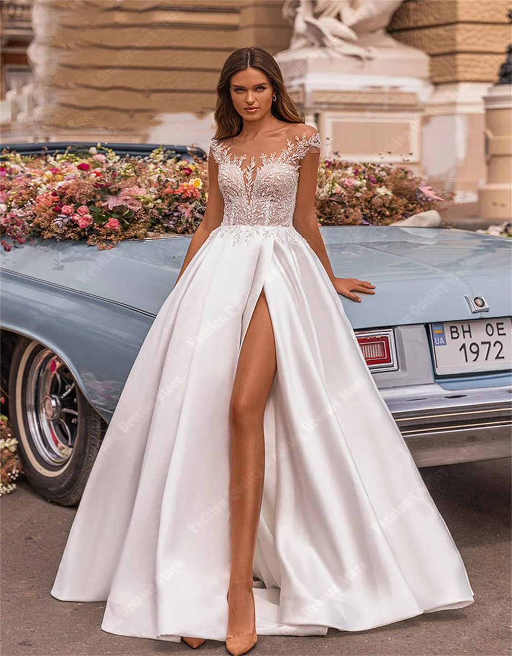 

Modern Fashion A-Line Satin Wedding Dresses Quality Shining Fabric Bridal Robes For Women Sexy High Split Mopping Length Vestido