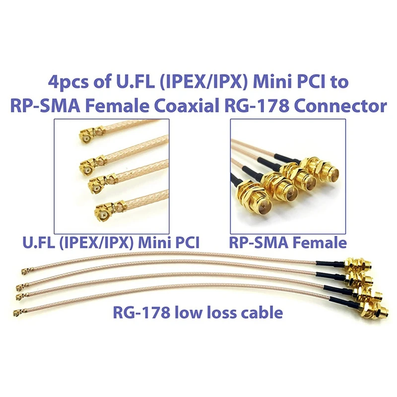 Pack Of 4 RF U.FL(IPEX/IPX) Mini PCI To RP-SMA Female Pigtail Antenna Wi-Fi Coaxial RG-178 Low Loss Cable