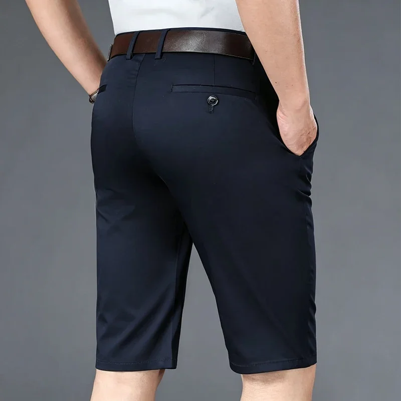 Mens Summer Cuffed Hem Knee Length Chino Suit Shorts Four Way Stretch Fabric Bottoms For Business Street Smart Casual Outfit