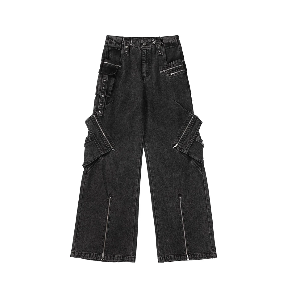 Zipper Design Jeans Mens Streetwear Punk Y2k Denim Trousers Men Harajuku Side Pockets Baggy Hip Hop Wide-leg Pants Male